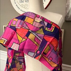 Vintage Colorful Geometric Cubism Scarf with Fringes